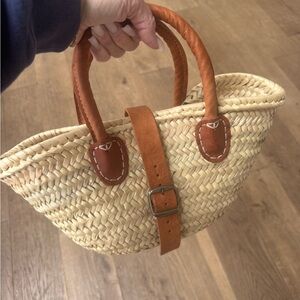Woven Straw Tote with Brown Leather Handles